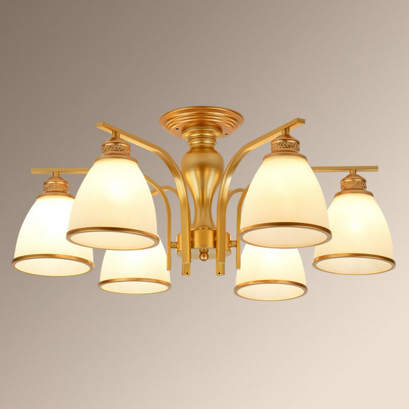 Rustic Bowl Shaped Semi Flush Frost Glass Ceiling Mount Chandelier for Living Room