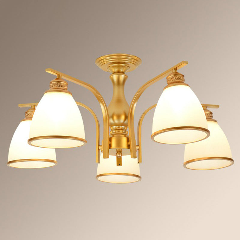 Rustic Bowl Shaped Semi Flush Frost Glass Ceiling Mount Chandelier for Living Room