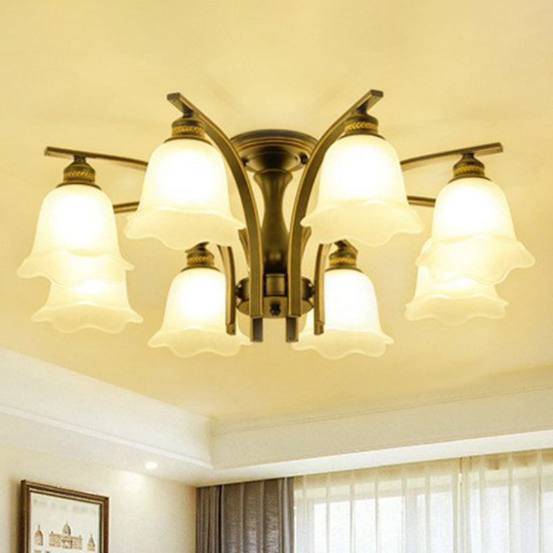 Rustic Ruffled Semi Flush Light Cream Glass Flush Mount Ceiling Chandelier for Living Room