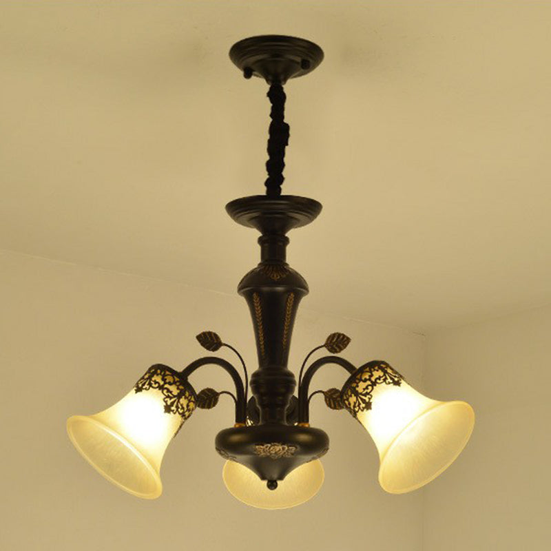 Flared Shade Beige Glass Chandelier Light Classic Living Room Pendant Ceiling Light in Black