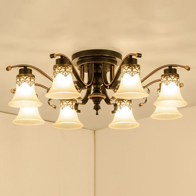 Beige Glass Bell Semi Flush Traditionelle Wohnzimmer Deckenmontage Kronleuchter in Schwarz