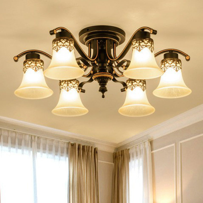 Beige Glass Bell Semi Flush Traditionelle Wohnzimmer Deckenmontage Kronleuchter in Schwarz