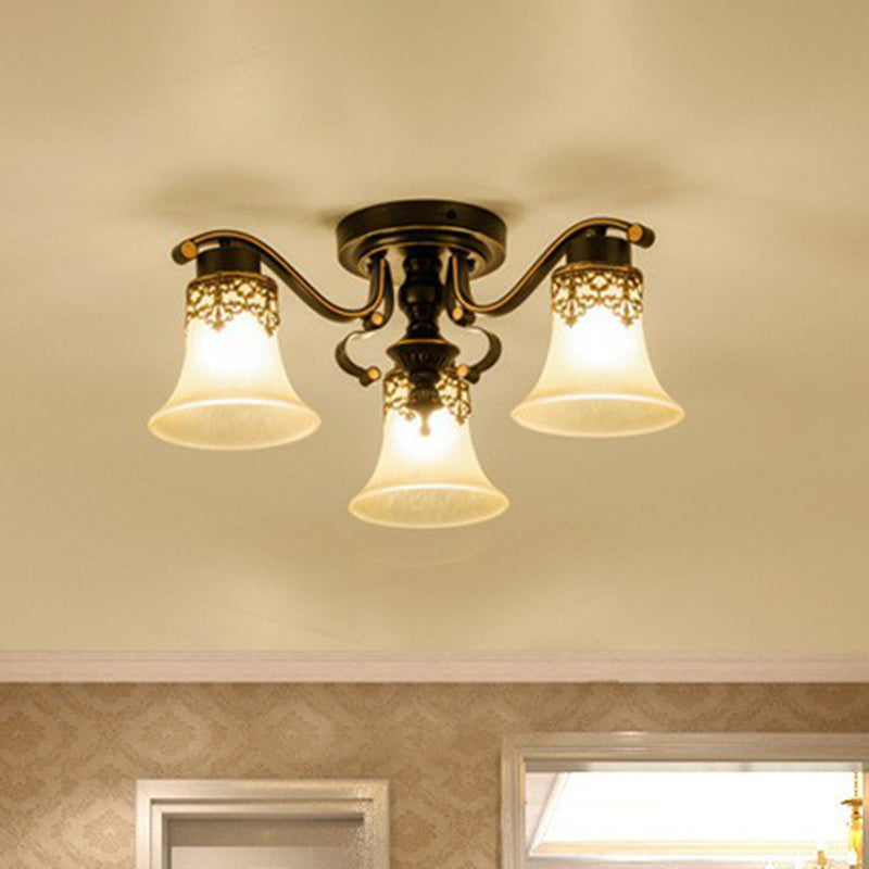 Beige Glass Bell Semi Flush Traditionelle Wohnzimmer Deckenmontage Kronleuchter in Schwarz