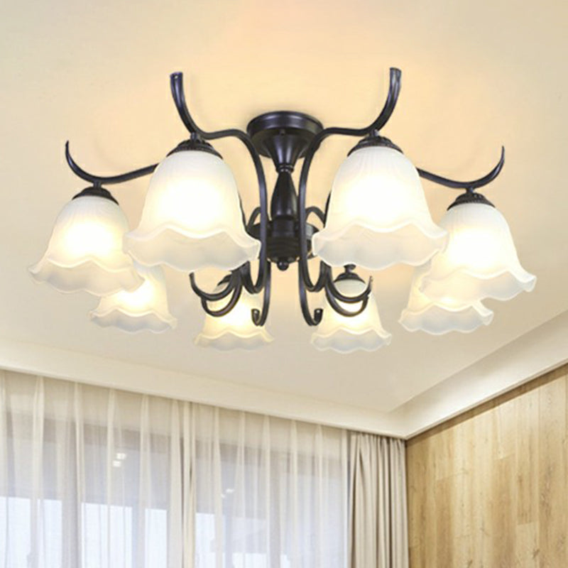 Zwarte belvormige semi -spoeling mount vintage opaalglas woonkamer dicht bij plafond kroonluchter