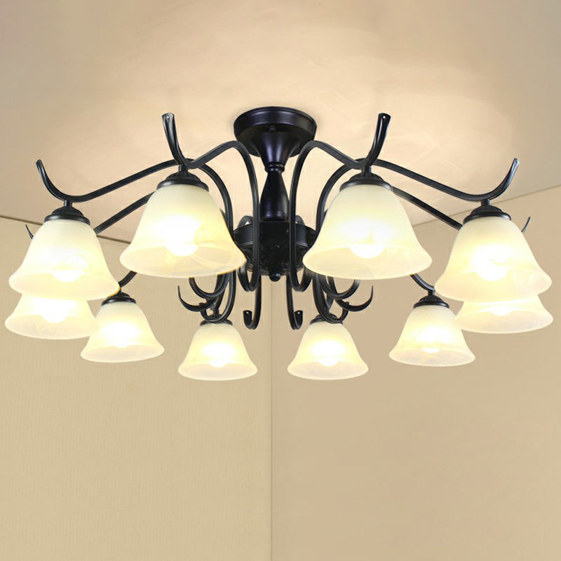 Zwarte belvormige semi -spoeling mount vintage opaalglas woonkamer dicht bij plafond kroonluchter