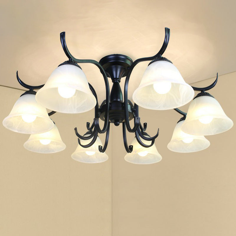 Zwarte belvormige semi -spoeling mount vintage opaalglas woonkamer dicht bij plafond kroonluchter