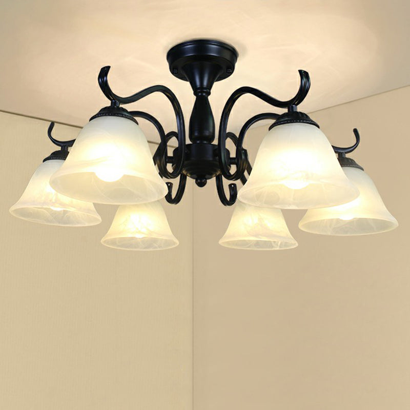 Zwarte belvormige semi -spoeling mount vintage opaalglas woonkamer dicht bij plafond kroonluchter
