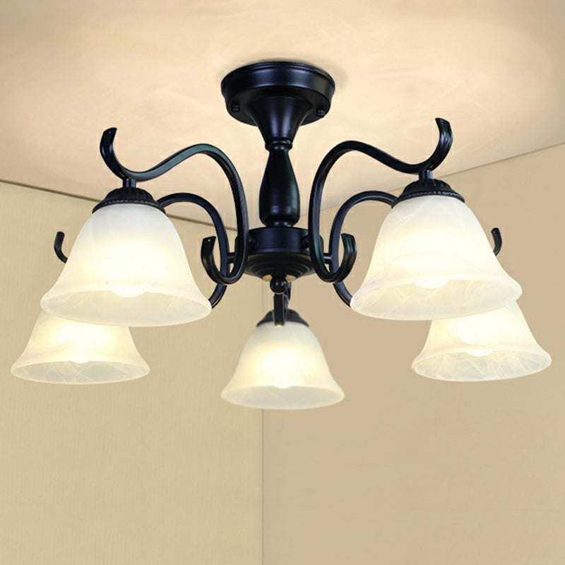 Zwarte belvormige semi -spoeling mount vintage opaalglas woonkamer dicht bij plafond kroonluchter
