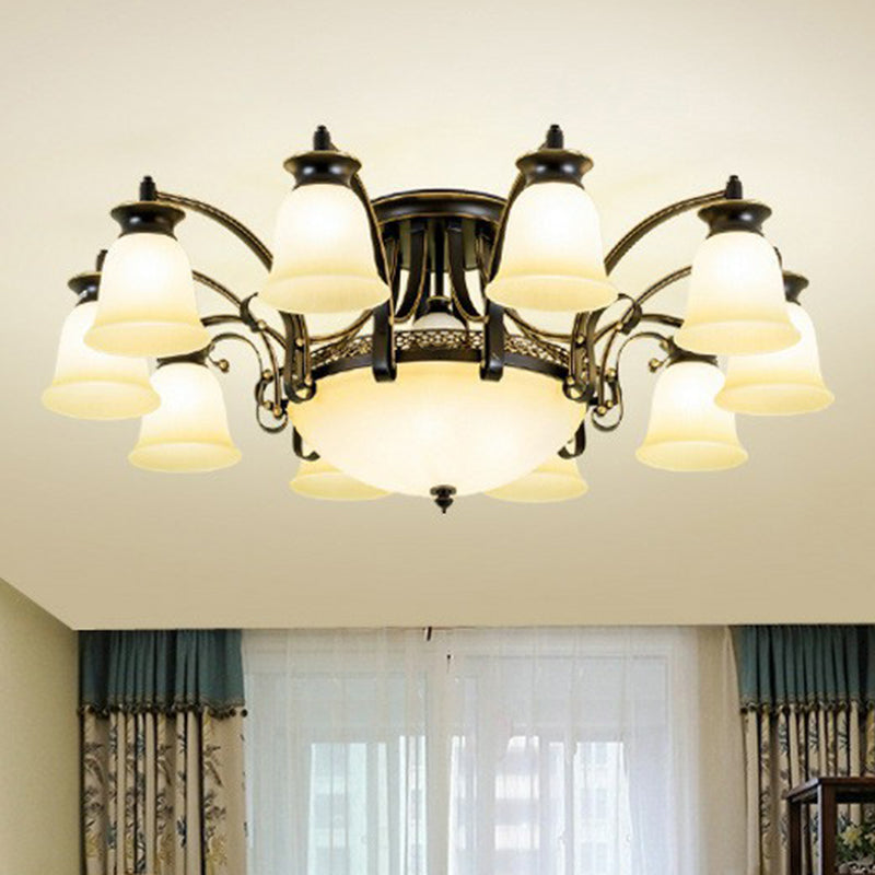 Flared Shade Dining Room Semi Flush Light Retro Beige Glass Black Semi Flush Chandelier