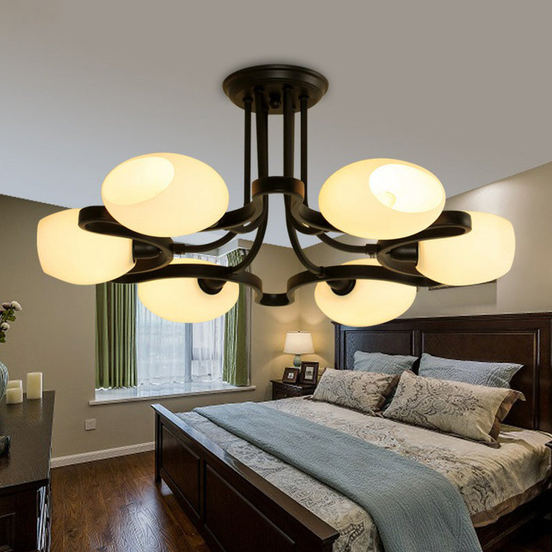 Black Semi Flush Light Rustic Cream Glass Bell Flush Mount Ceiling Chandelier for Living Room
