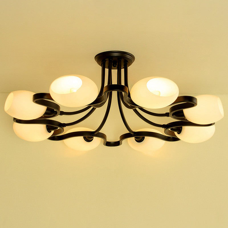 Black Semi Flush Light Rustic Cream Glass Bell Flush Mount Ceiling Chandelier for Living Room
