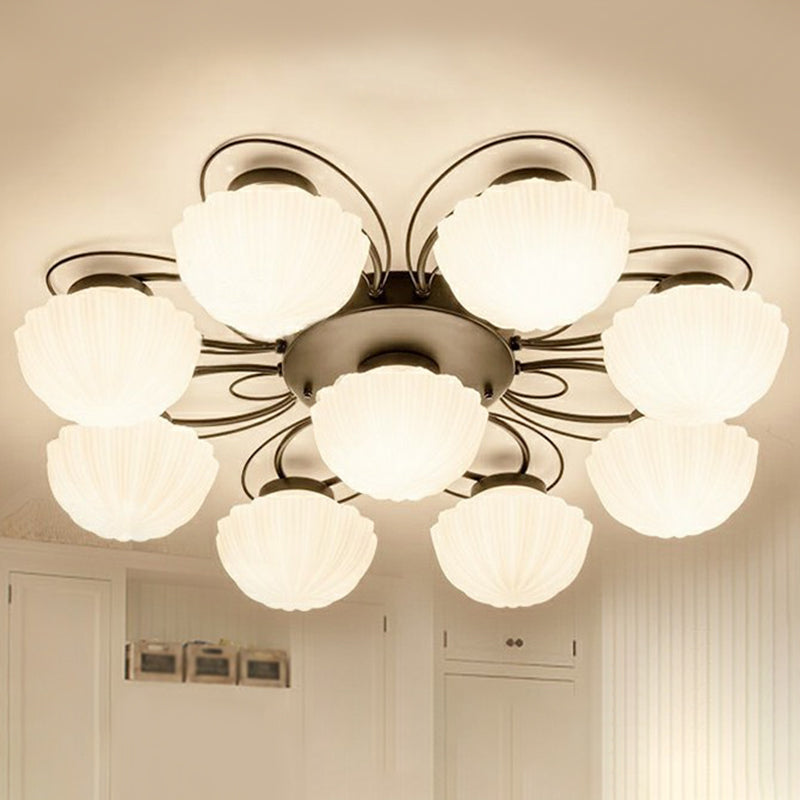Ribbed Cream Glass Black Flush Mount Chandelier Bowl Classic Semi Flush Light Fixture for Dining Room
