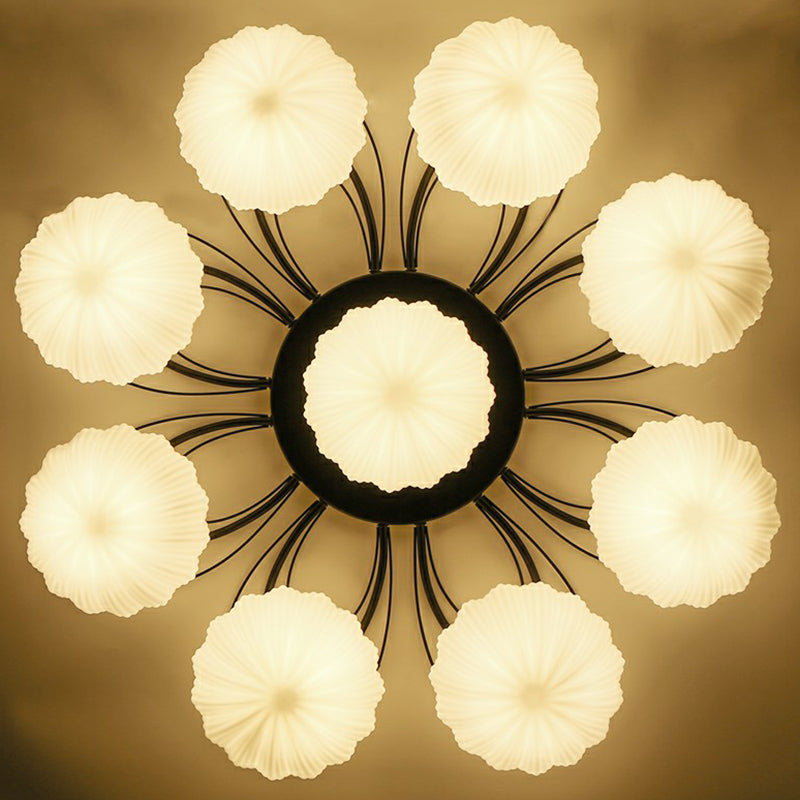 Ribbed Cream Glass Black Flush Mount Chandelier Bowl Classic Semi Flush Light Fixture for Dining Room