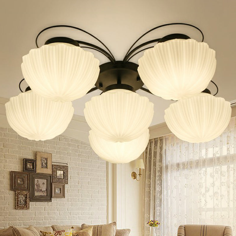 Ribbed Cream Glass Black Flush Mount Chandelier Bowl Classic Semi Flush Light Fixture for Dining Room