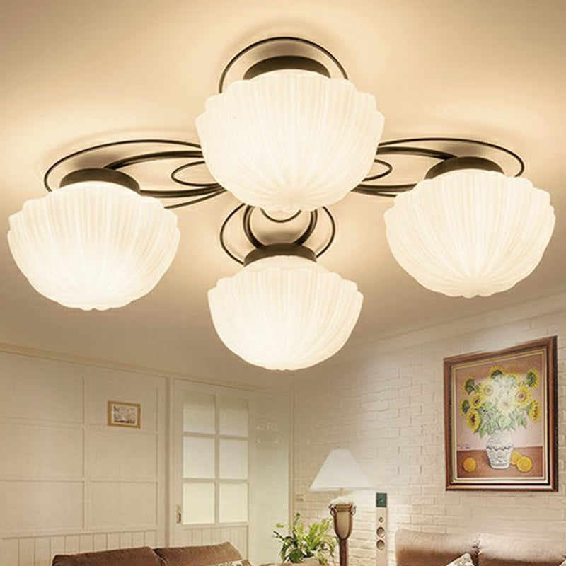 Ribbed Cream Glass Black Flush Mount Chandelier Bowl Classic Semi Flush Light Fixture for Dining Room