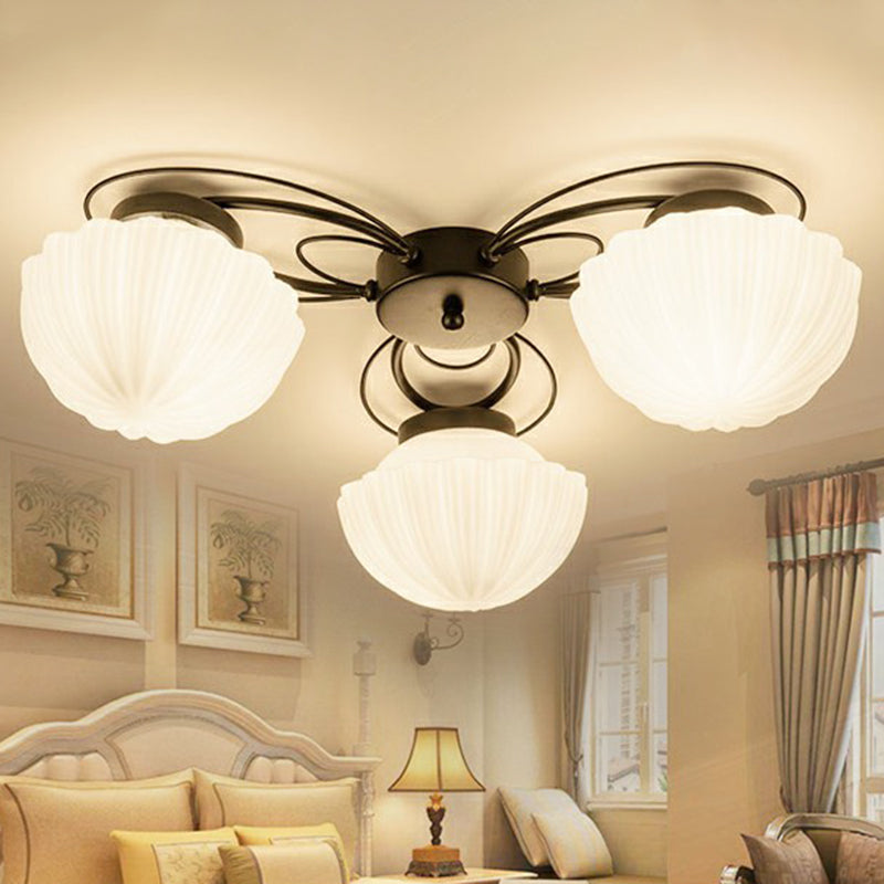 Ribbed Cream Glass Black Flush Mount Chandelier Bowl Classic Semi Flush Light Fixture for Dining Room
