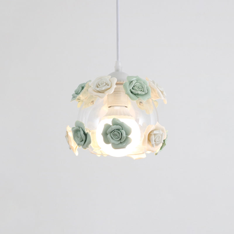 1-Light Pendant Lighting Korean Garden Rose Ceramic Suspension Light Fixture for Bedroom