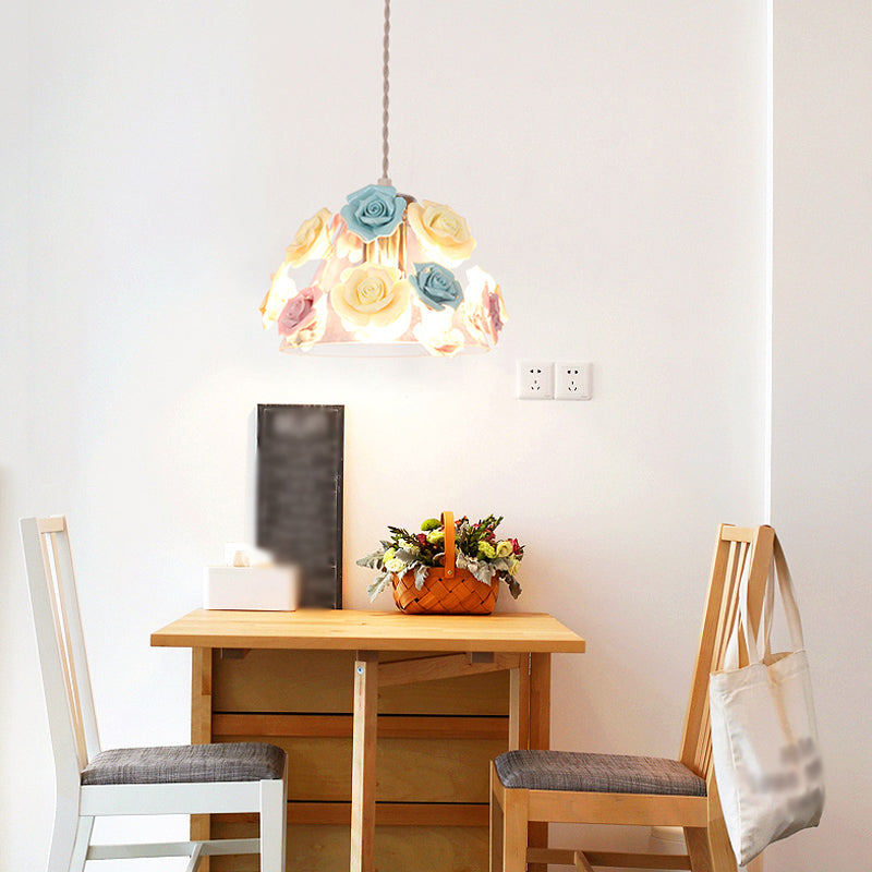 Rose Ceramic Suspension Light Pastoral Style Dining Room Pendant Light Fixture in Pink-Blue