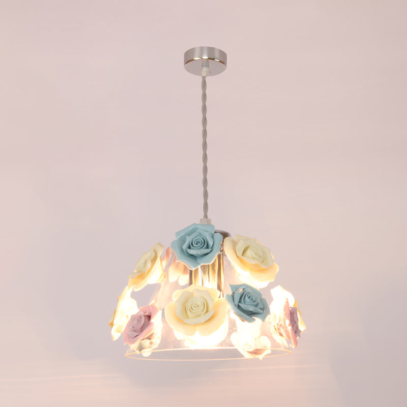 Rose Ceramic Suspension Light Pastoral Style Dining Room Pendant Light Fixture in Pink-Blue