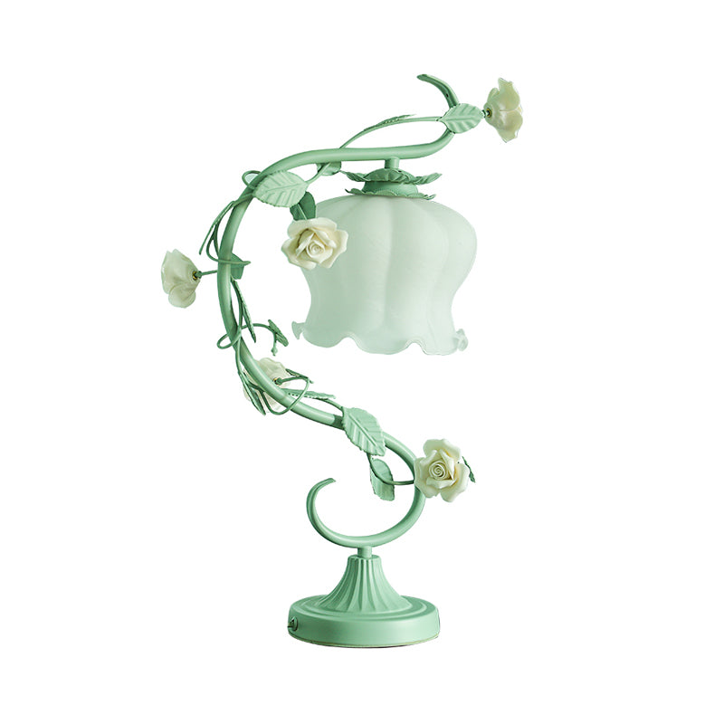 Rose Ceramic Nightstand Lamp Pastoral 1��Head Living Room Table Light with Bud Cream Glass Shade