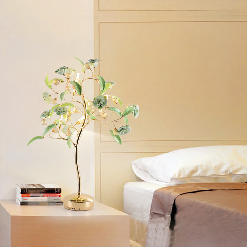 Pastoral Rosebush Table Lighting Ceramic Nightstand Lamp with Crystal Decor for Bedside