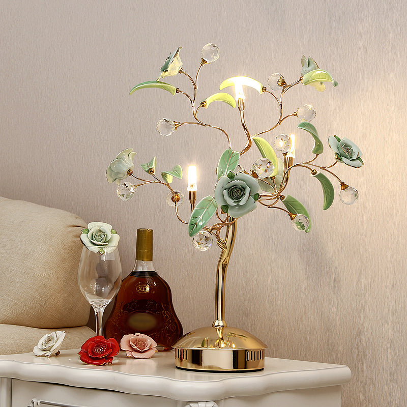 Pastoral Rosebush Table Lighting Ceramic Nightstand Lamp with Crystal Decor for Bedside