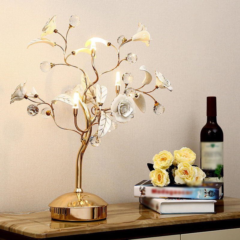 Pastoral Rosebush Table Lighting Ceramic Nightstand Lamp with Crystal Decor for Bedside