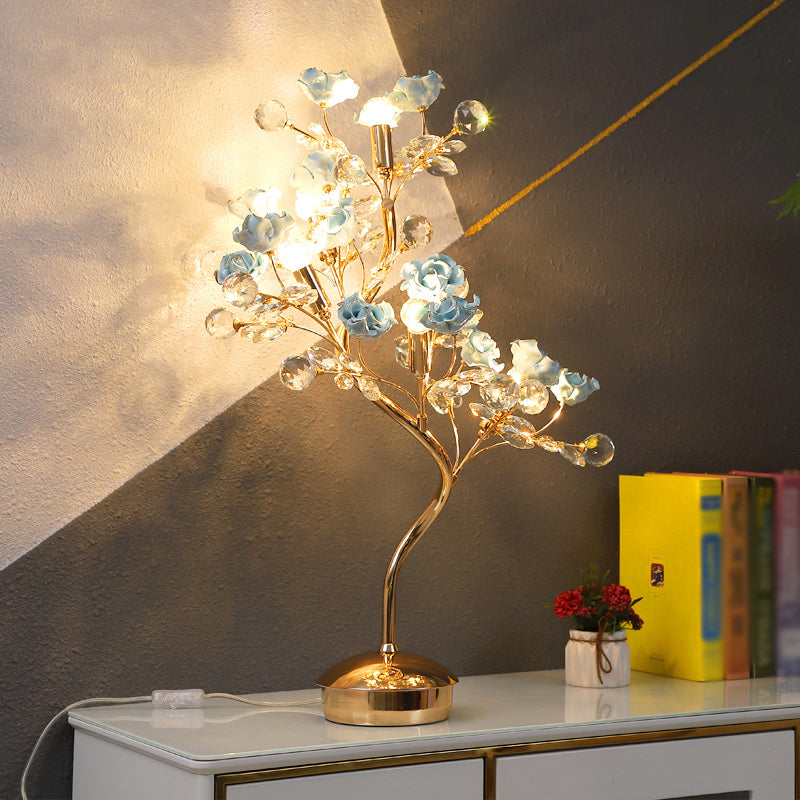Lámpara de mesa de 5 cabezas Garden coreana Rose Cerámica Night -mesas iluminación con acentos de cristal