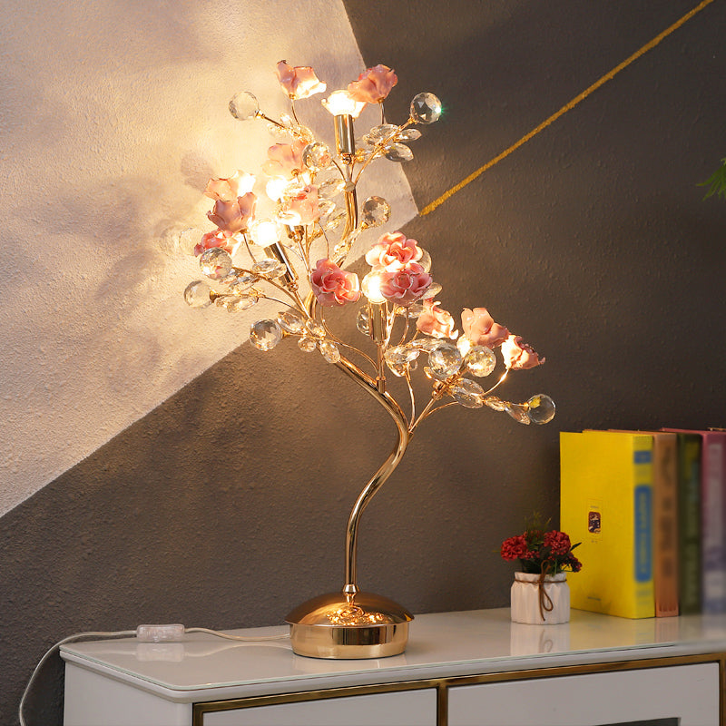 Lámpara de mesa de 5 cabezas Garden coreana Rose Cerámica Night -mesas iluminación con acentos de cristal