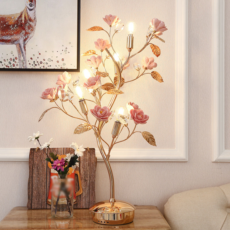 Floral Ceramic Table Light Pastoral Style Living Room Nightstand Lamp with Decorative Crystal