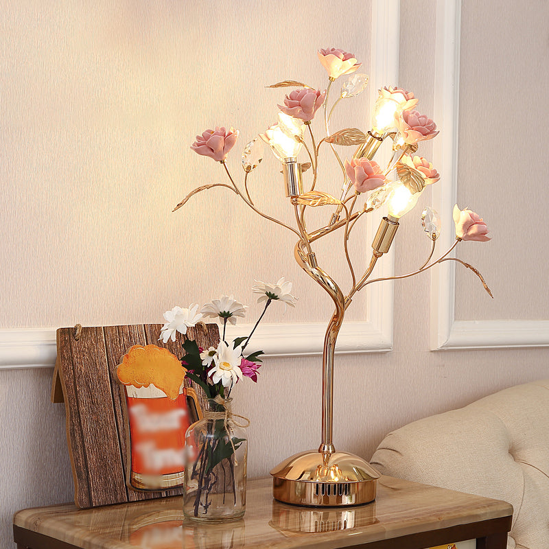 Floral Ceramic Table Light Pastoral Style Living Room Nightstand Lamp with Decorative Crystal