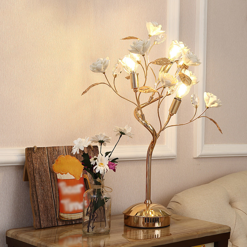 Floral Ceramic Table Light Pastoral Style Living Room Nightstand Lamp with Decorative Crystal