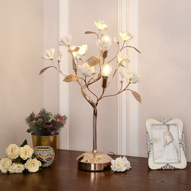 Floral Ceramic Table Light Pastoral Style Living Room Nightstand Lamp with Decorative Crystal