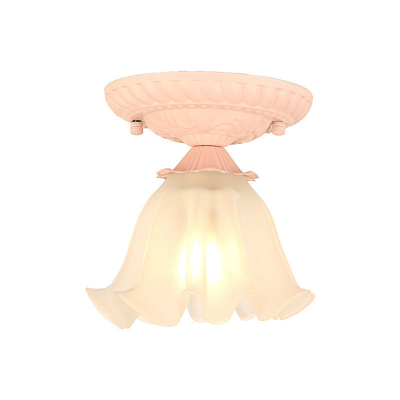 Frost Glass Ruffle Semi Flush Pastoral Single-Bulb Bedroom Flush Ceiling Light Fixture