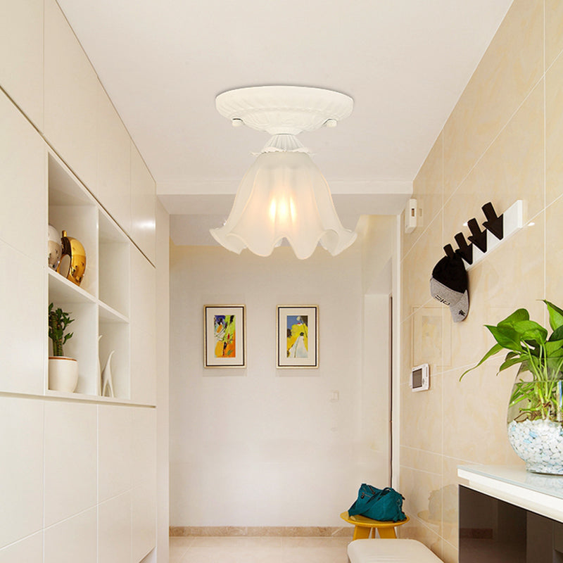 Frost Glass Ruffle Semi Flush Pastoral Single-Bulb Bedroom Flush Ceiling Light Fixture
