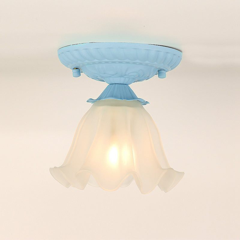 Frost Glass Ruffle Semi Flush Pastoral Single-Bulb Bedroom Flush Ceiling Light Fixture