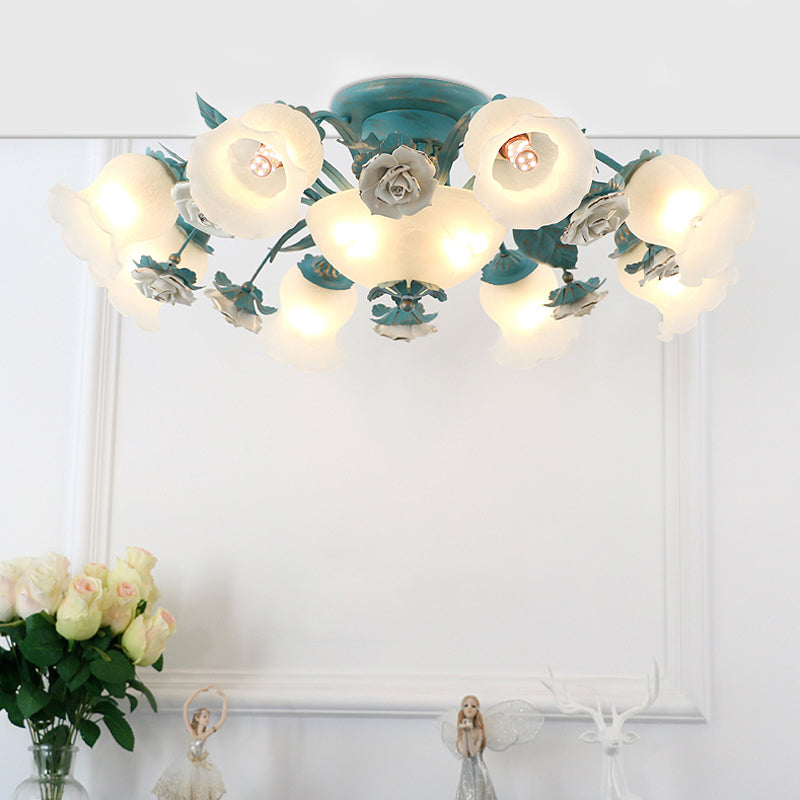 Korean Garden Flower Semi Flush Mount Frost Glass Ceiling Mounted Light for Bedroom