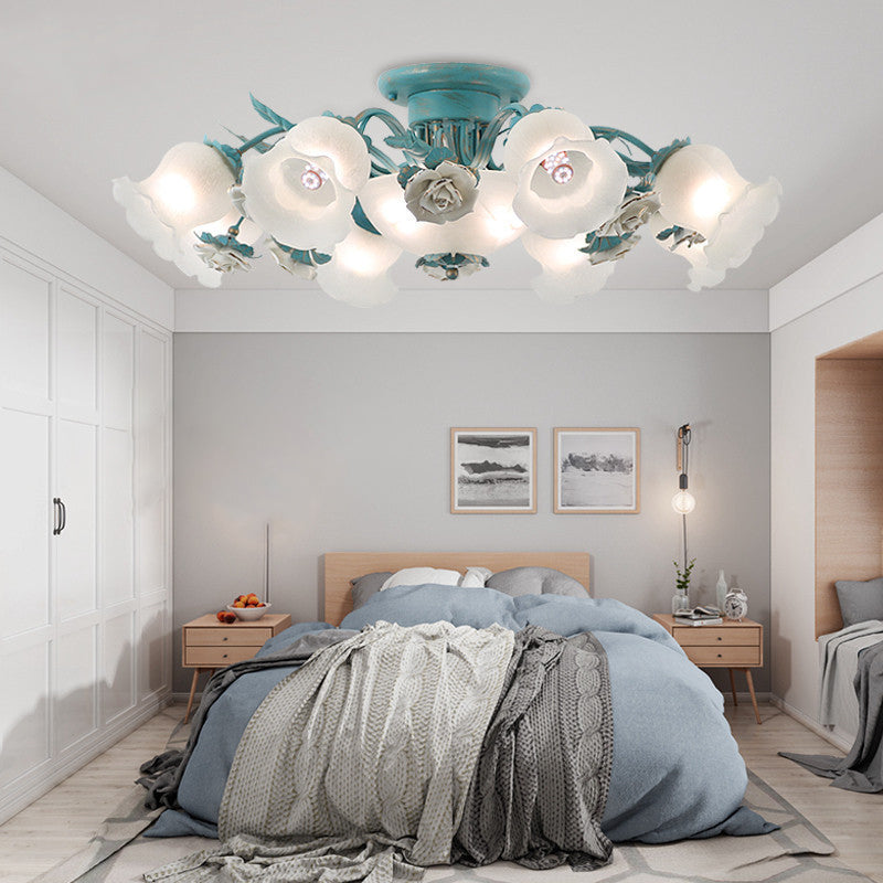 Korean Garden Flower Semi Flush Mount Frost Glass Ceiling Mounted Light for Bedroom