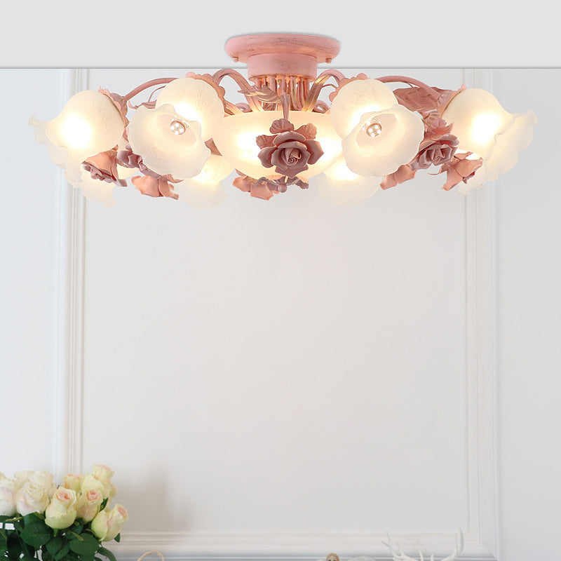 Korean Garden Flower Semi Flush Mount Frost Glass Ceiling Mounted Light for Bedroom