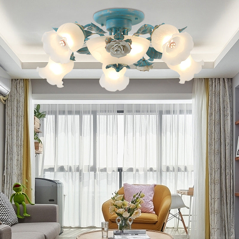 Korean Garden Flower Semi Flush Mount Frost Glass Ceiling Mounted Light for Bedroom