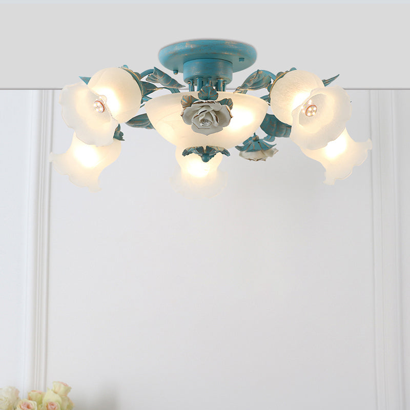 Korean Garden Flower Semi Flush Mount Frost Glass Ceiling Mounted Light for Bedroom