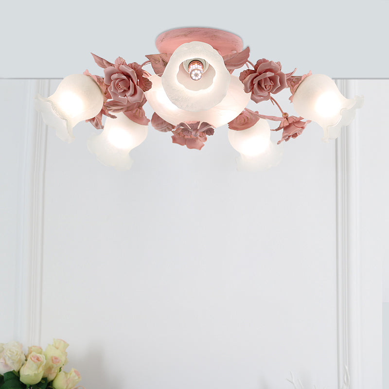 Korean Garden Flower Semi Flush Mount Frost Glass Ceiling Mounted Light for Bedroom
