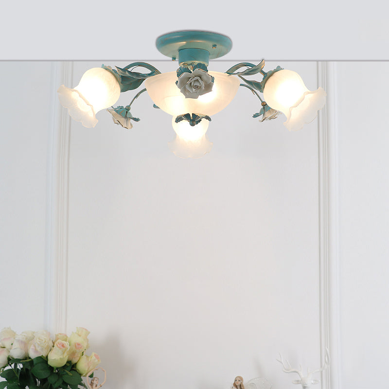 Korean Garden Flower Semi Flush Mount Frost Glass Ceiling Mounted Light for Bedroom