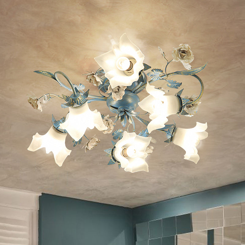 Flower Cream Glass Flush Mount Light Pastoral Style Bedroom Semi Flush Ceiling Light in Blue