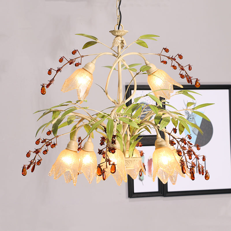 Green Flower Chandelier Lighting Pastoral Frost Glass Living Room Pendant Light with Decorative Crystal