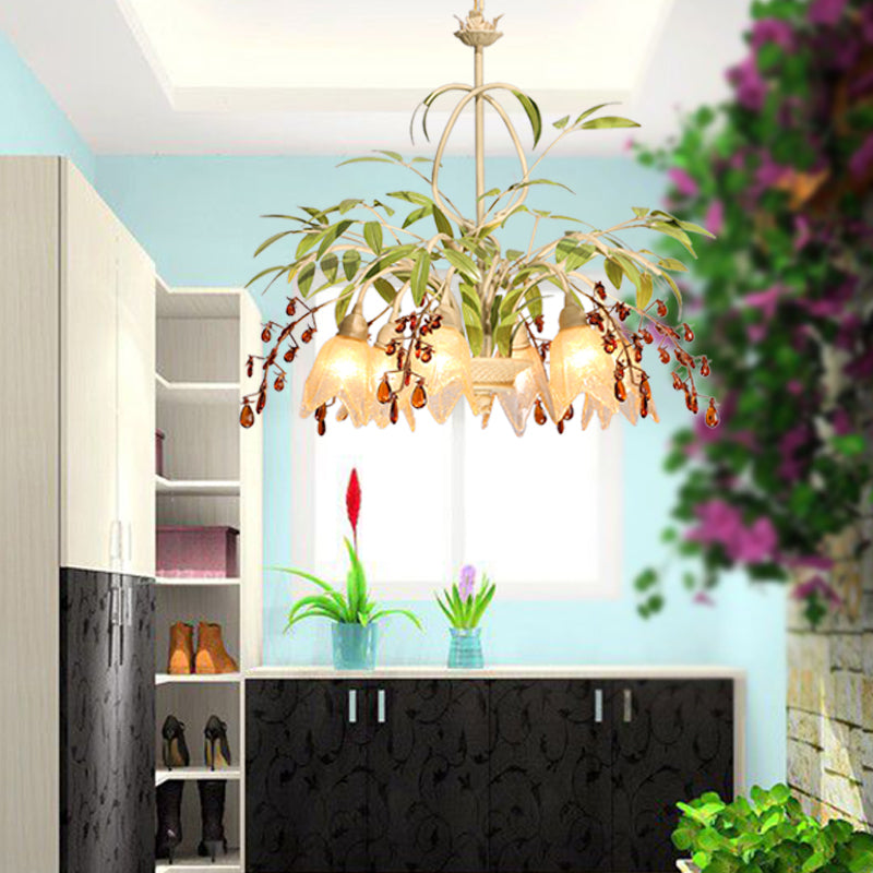 Green Flower Chandelier Lighting Pastoral Frost Glass Living Room Pendant Light with Decorative Crystal