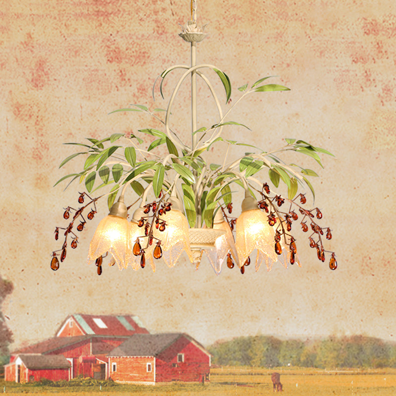 Grüne Blütenkronleuchter Beleuchtung pastoraler Frostglas Wohnzimmer Anhänger Licht mit dekorativem Kristall
