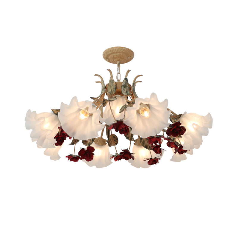 Blumen-Wohnzimmer-Deckenbeleuchtung, pastorales cremefarbenes Glas, rote Kronleuchter-Leuchte