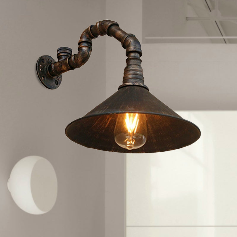 Antique Brass Cone Wall Sconce Farmhouse Style Metallic 1 Head Dining Room Wall Lighting Fixture with Pipe