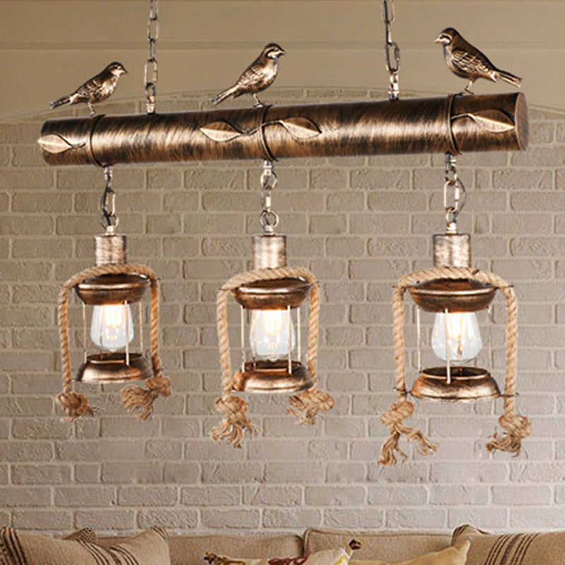 Metal Caged Island Pendant Light Coastal Style 3 Light Kitchen Hanging Lamp in Bronze/Weathered Copper with Bird